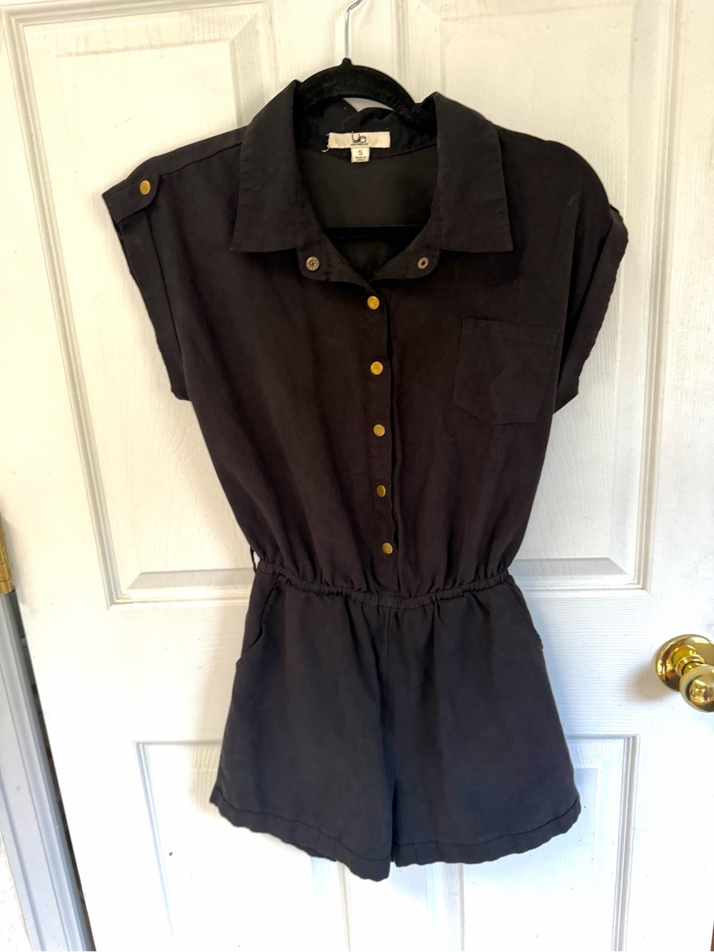 Black Short Sleeve Romper with Gold Snap Buttons